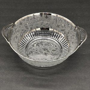 Paden City Brocade Pattern Glass SPRING ORCHARD Handled Bowl with Silver Rim